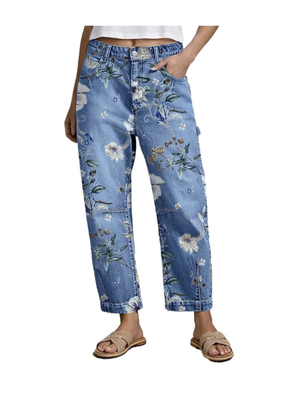 Flamingals Mid Rise Barrel Leg Wash Floral Print Jeans for Women XL